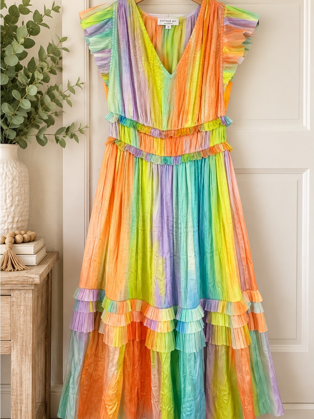 Current Air Pastel Rainbow Ruffle Maxi Dress